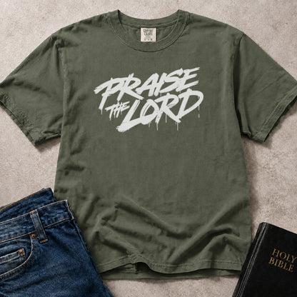 Praise the Lord faith based streetwear design on green (Moss) Comfort Colors 1717® t-shirt.