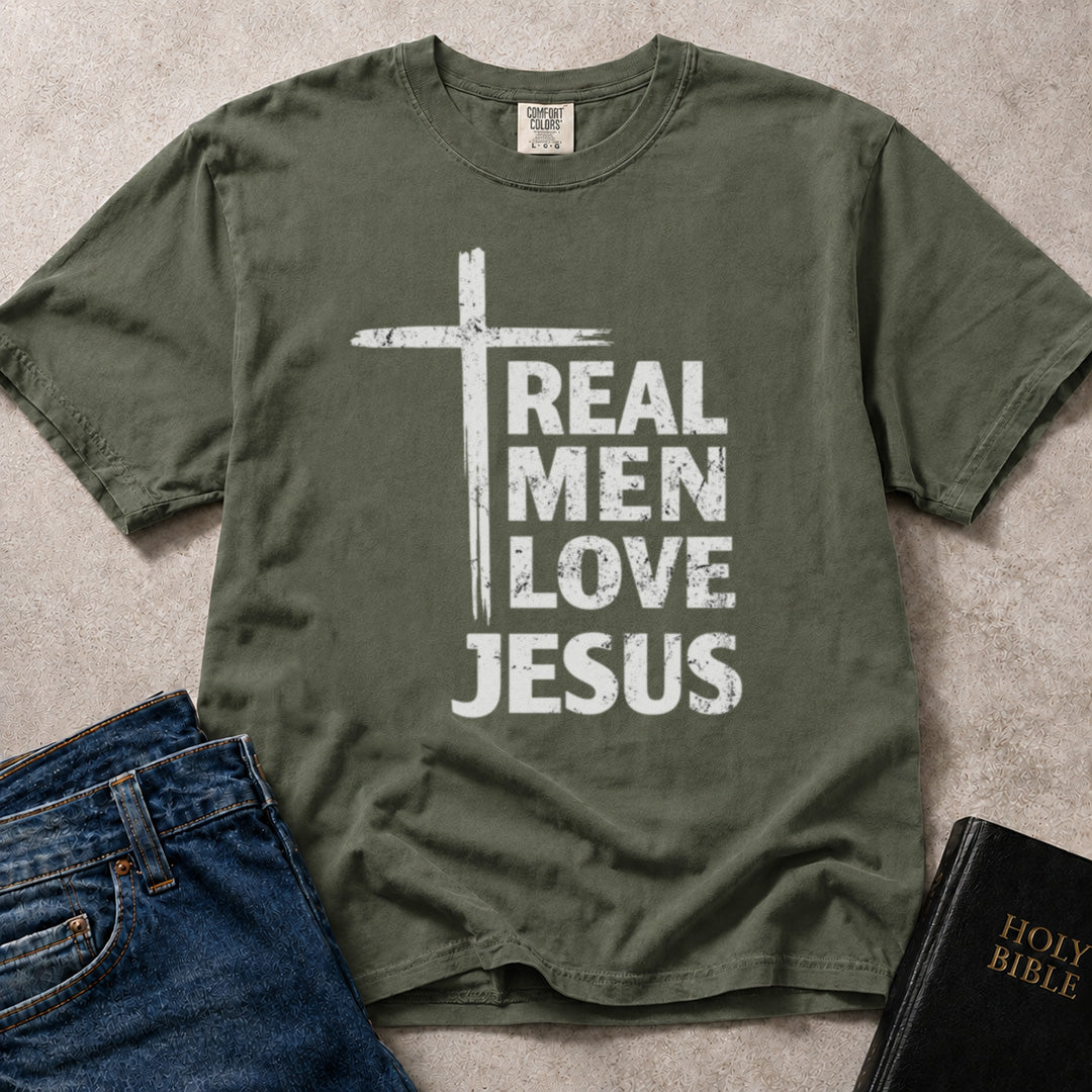 Real Men Love Jesus Christian life graphic on green (Moss) Comfort Colors 1717® tee.