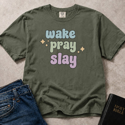 Green (Moss) Comfort Colors® 1717 t-shirt with a meaningful Wake Pray Slay Christian typographic design for women of faith.