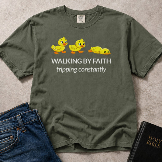 Walking By Faith Tripping Constantly Christian joke graphic on green (Moss) Comfort Colors 1717® tee shirt.