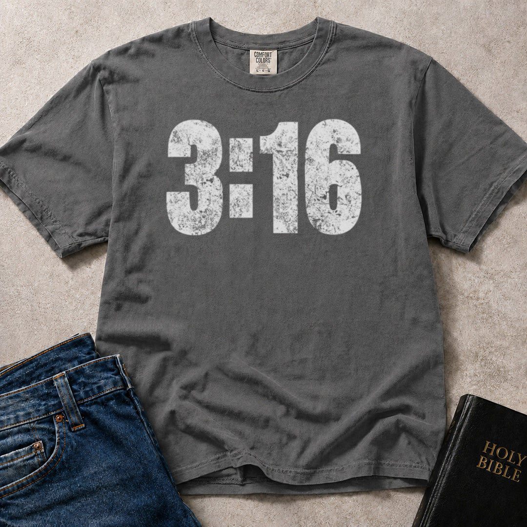 John 3:16 faith graphic on faded black (Pepper) Comfort Colors 1717® t-shirt.