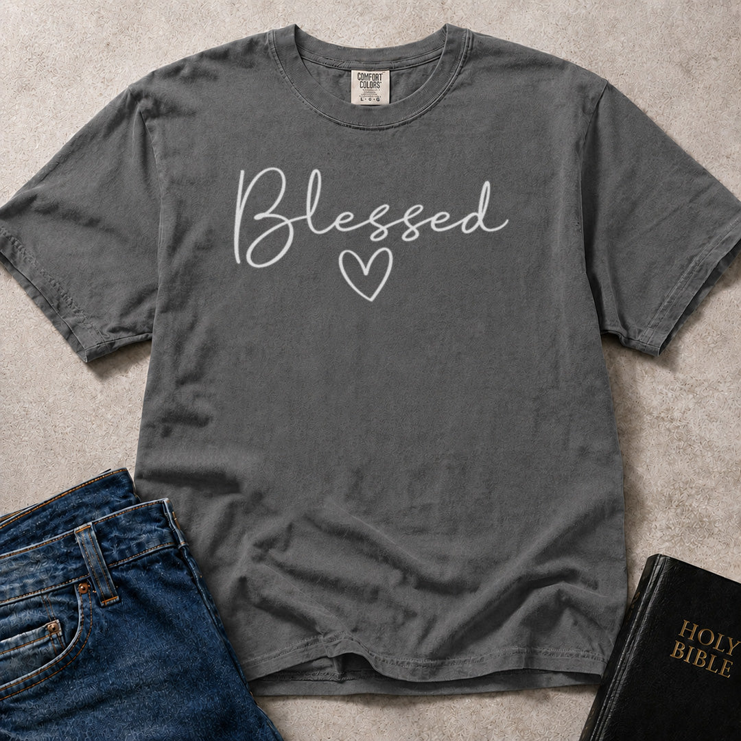 Blessed Christian statement graphic on faded black (Pepper) Comfort Colors 1717® shirt.