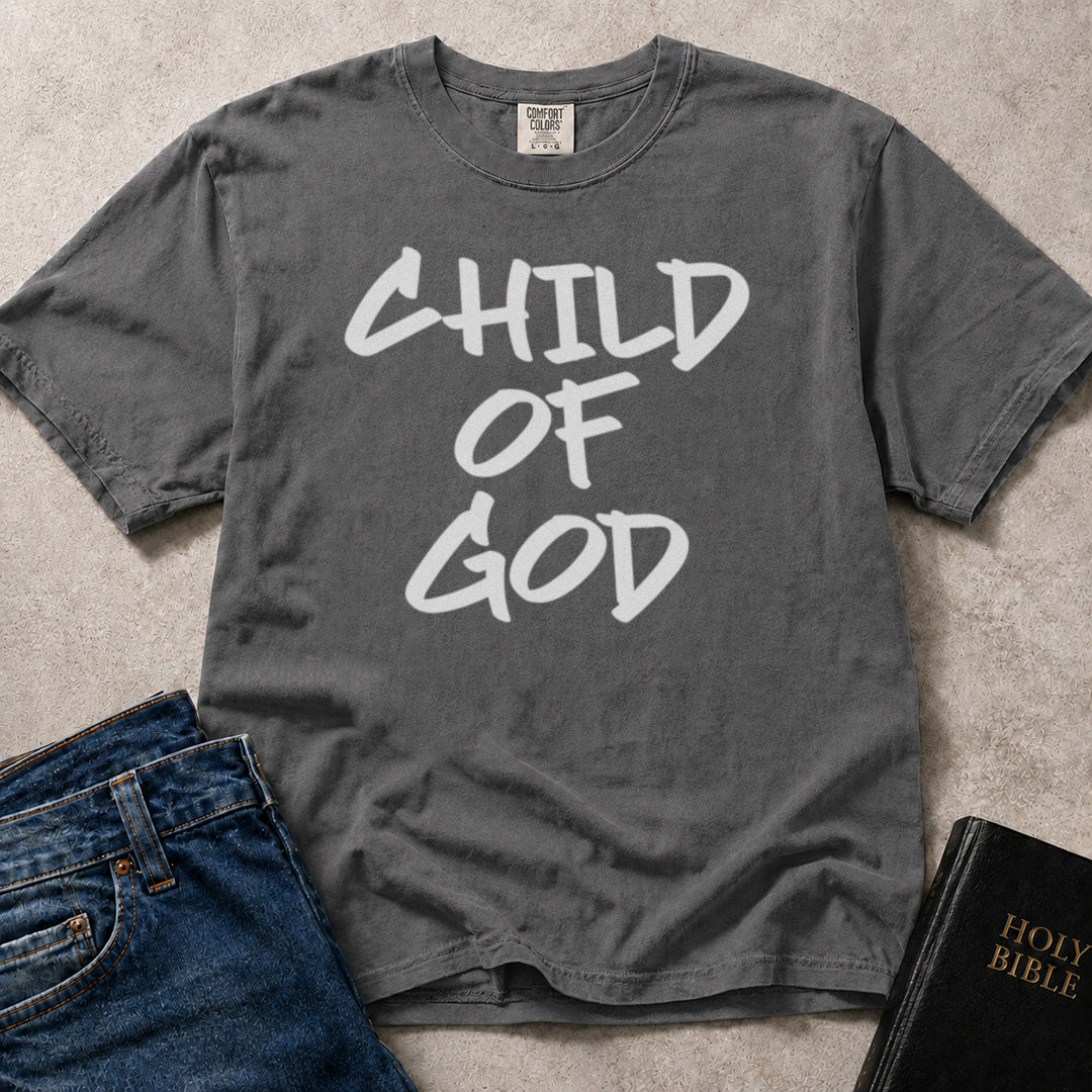 Child of God Christian statement graphic on faded black (Pepper) Comfort Colors 1717® shirt.
