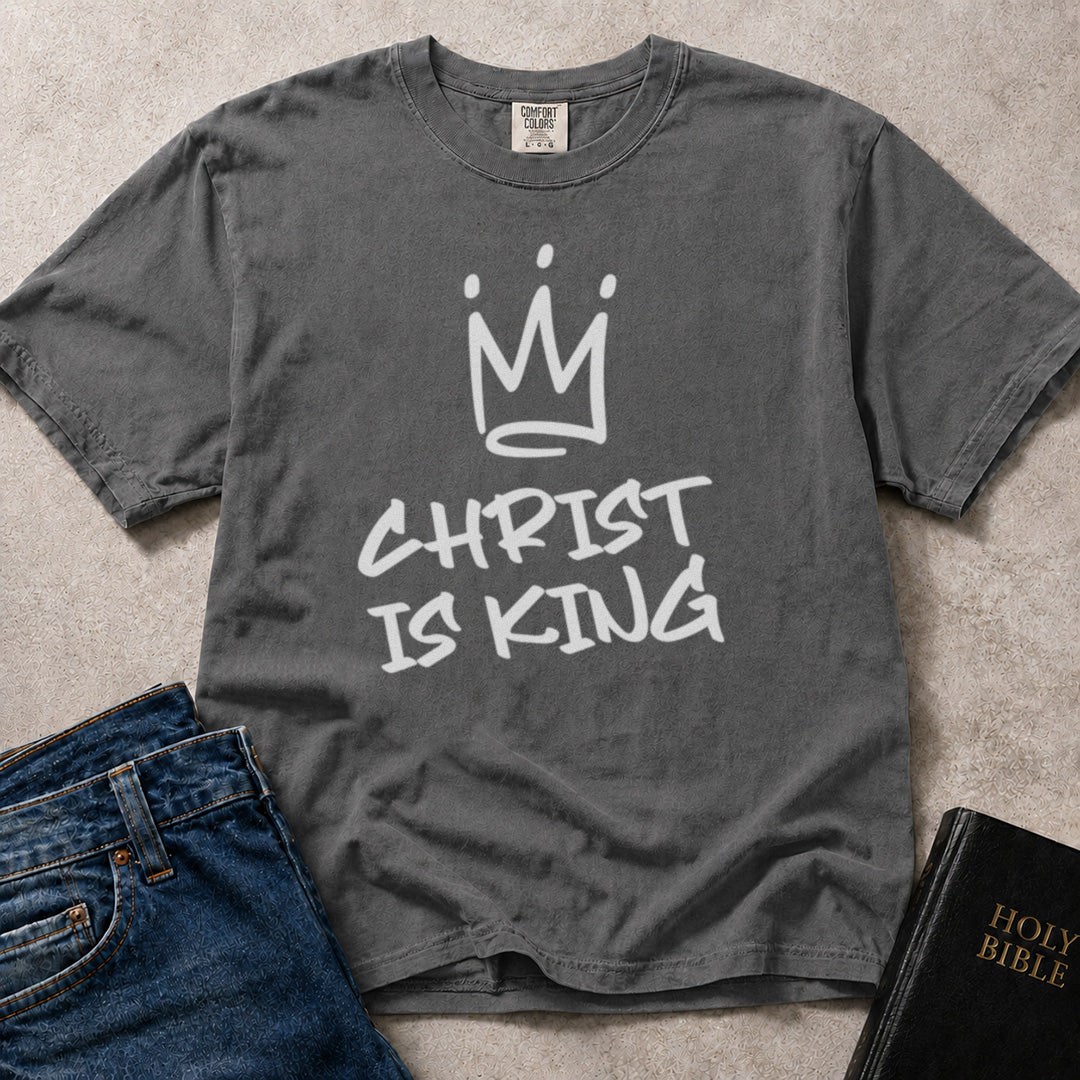 Comfort Colors 1717 grey church t-shirt with 'Christ is King' text and crown graphic.
