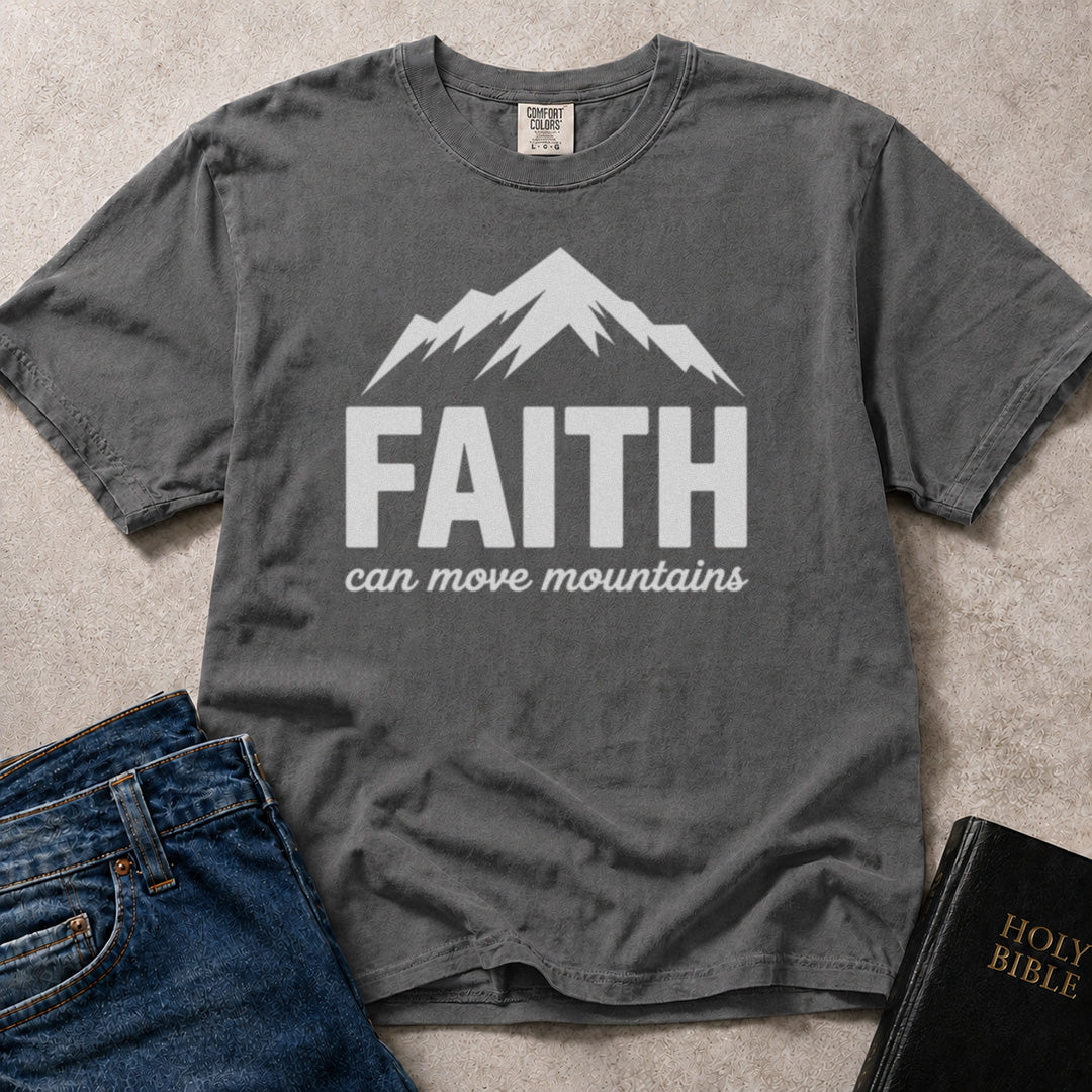 Gray faith t-shirt with 'FAITH can move mountains' text and mountain graphic on a Comfort Colors 1717 pepper tee.