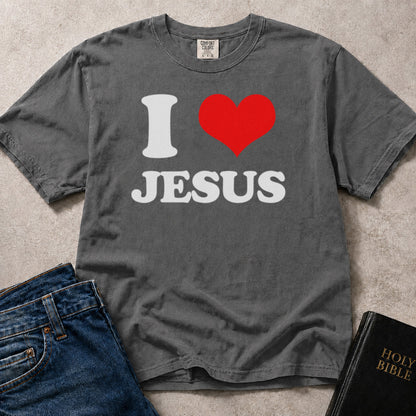 Charcoal Gray (Pepper) Comfort Colors® 1717 tshirt with I Heart Jesus Christian design.