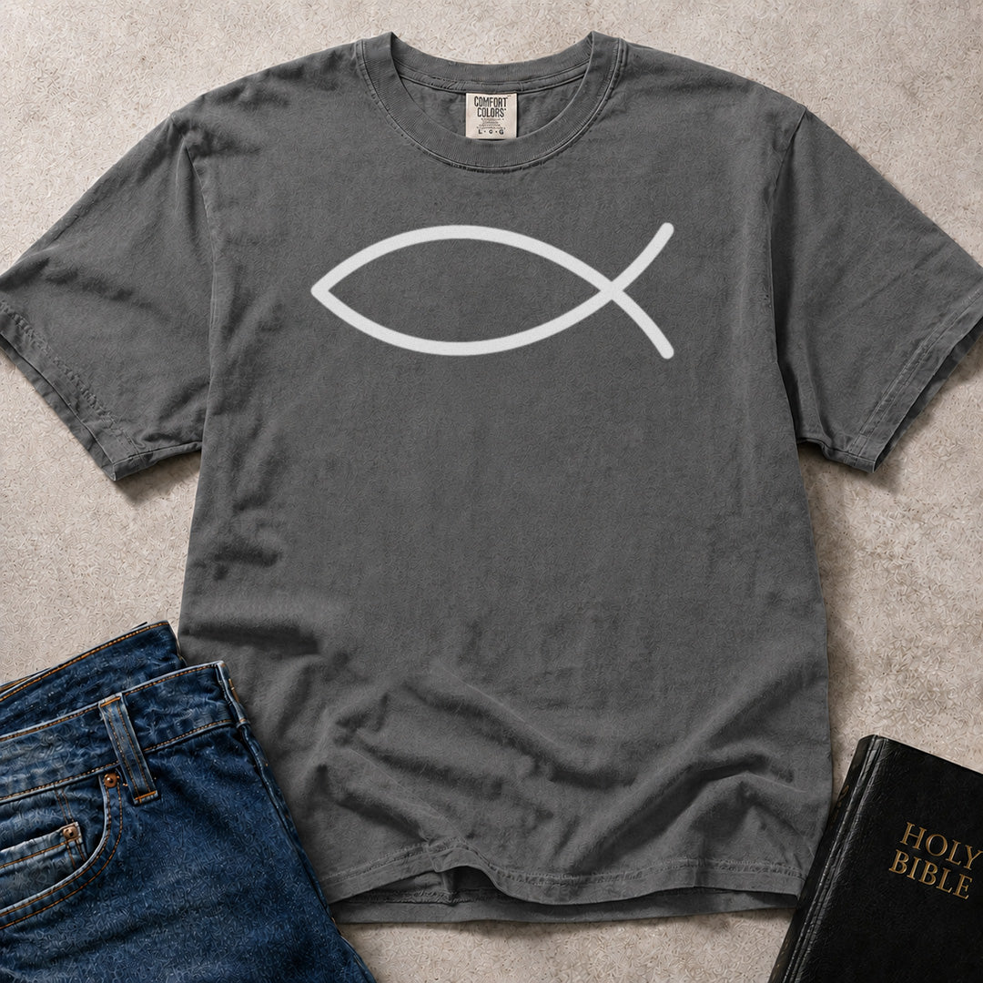 Charcoal Gray (Pepper) Comfort Colors® 1717 tshirt with a clean ichthys fish design.