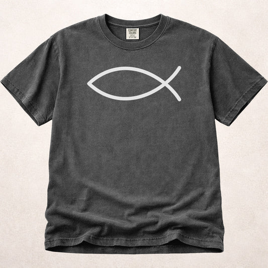 Charcoal Gray (Pepper) Comfort Colors® 1717 tshirt with a clean ichthys fish design.