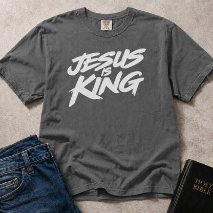 Charcoal Gray (Pepper) Comfort Colors® 1717 tshirt with Jesus Is King text in a bold streetwear style.