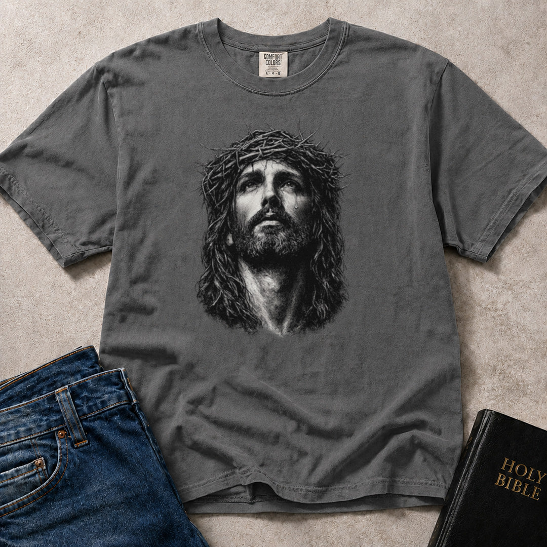 Crown of Thorns Jesus t-shirt graphic on faded black (Pepper) Comfort Colors 1717® tee.
