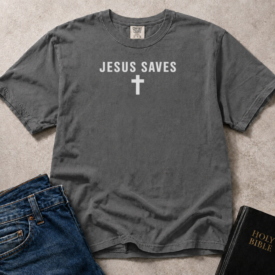 Jesus Saves faith based minimalist design on faded black (Pepper) Comfort Colors 1717® shirt.
