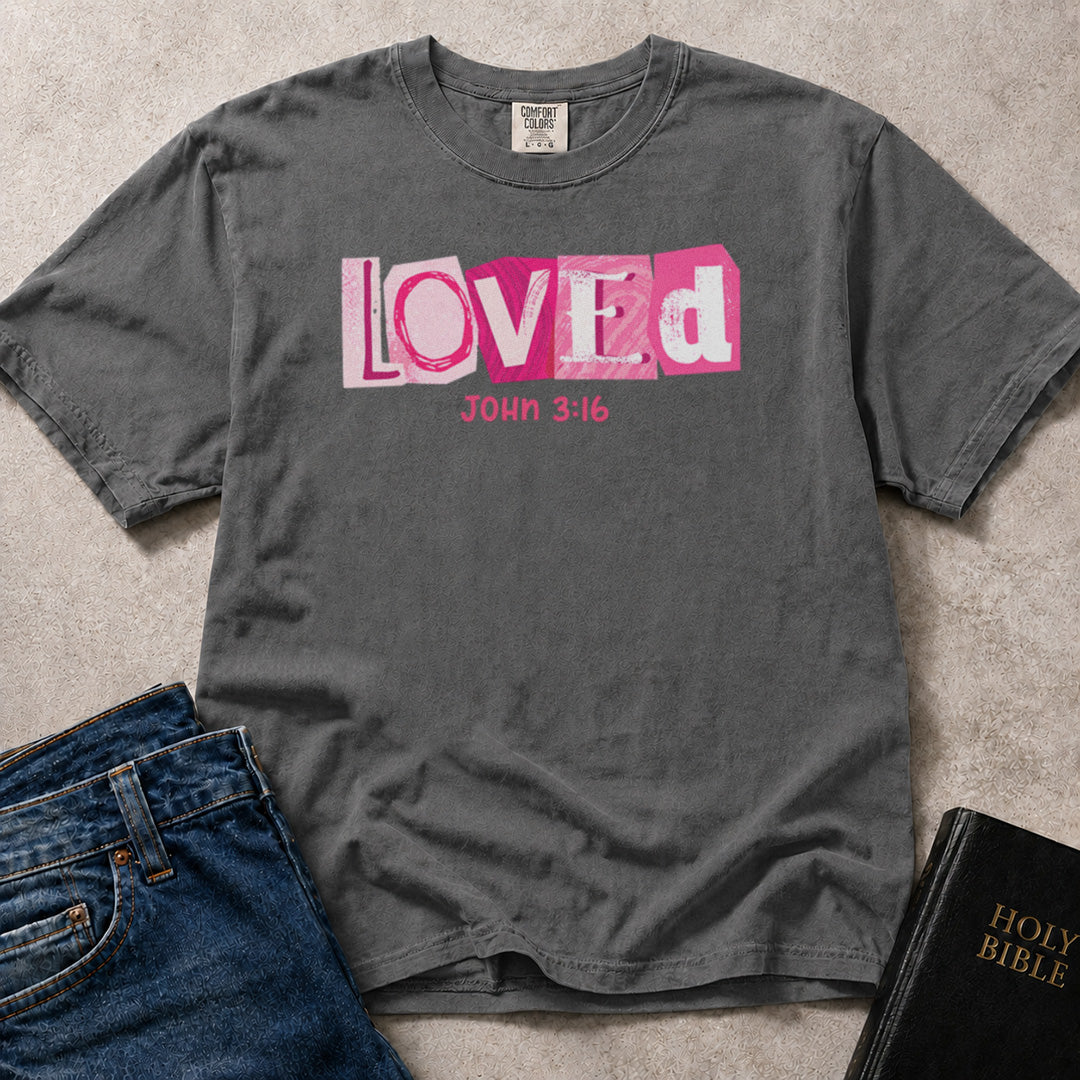 Pepper Comfort Colors 1717 Christian t-shirt with pink 'LOVED' text and John 3:16.