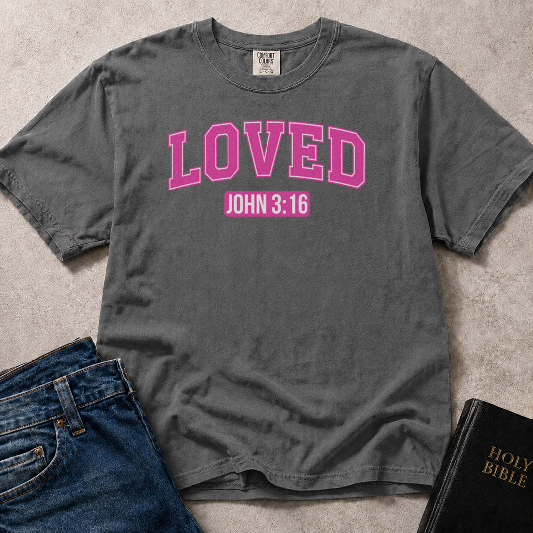 Charcoal Gray (Pepper) Comfort Colors® 1717 tshirt with a Bible based Loved John 3:16 design that feels encouraging and easy to wear.