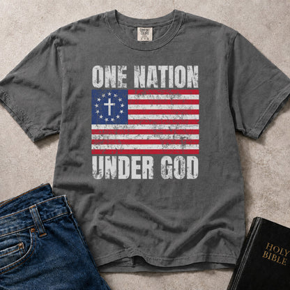 Patriotic Christian t-shirt with 'One Nation Under God' American flag graphic on a Comfort Colors 1717 tee in Pepper. 