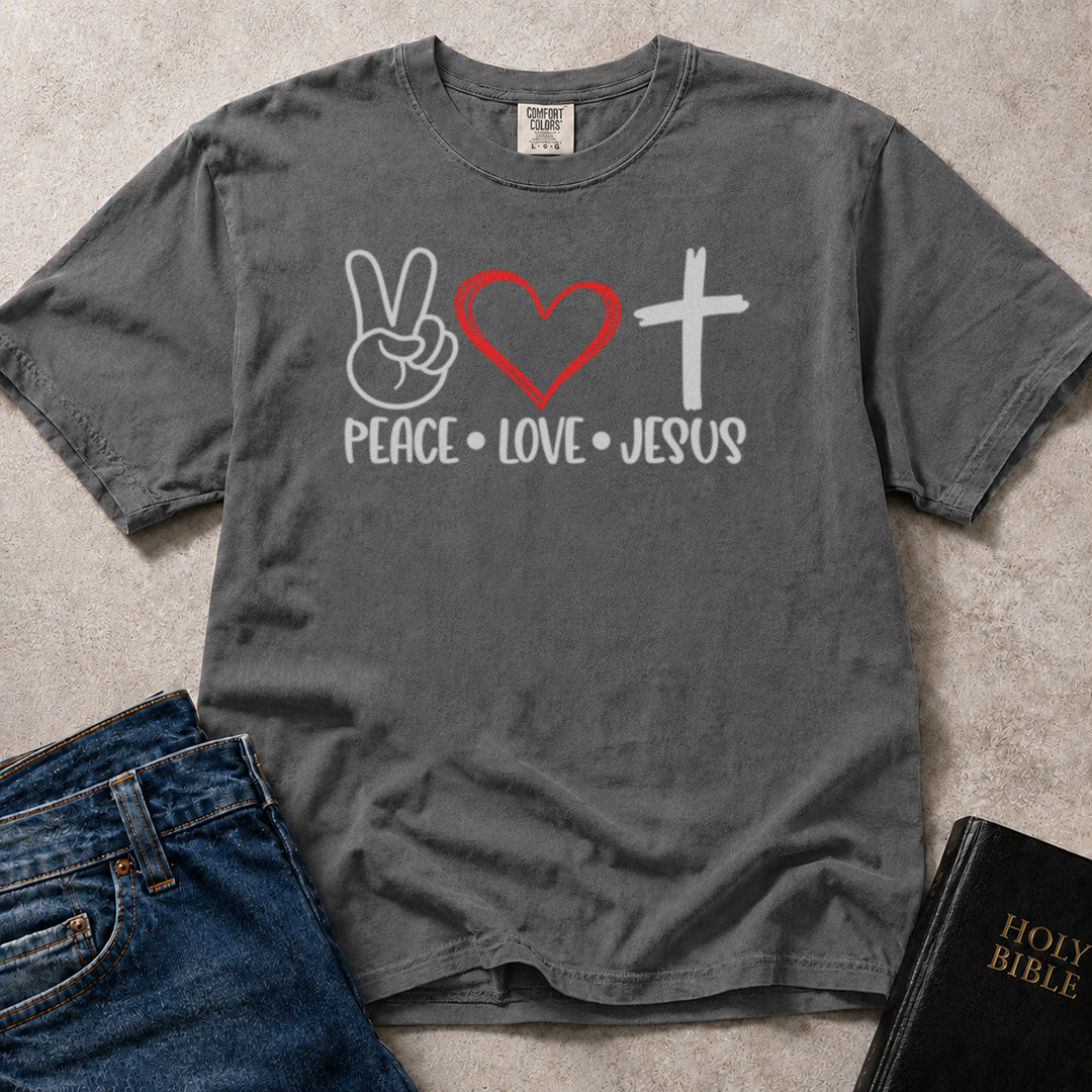 Charcoal Gray (Pepper) Comfort Colors® 1717 faith inspired tee featuring encouraging text about peace love and Jesus.