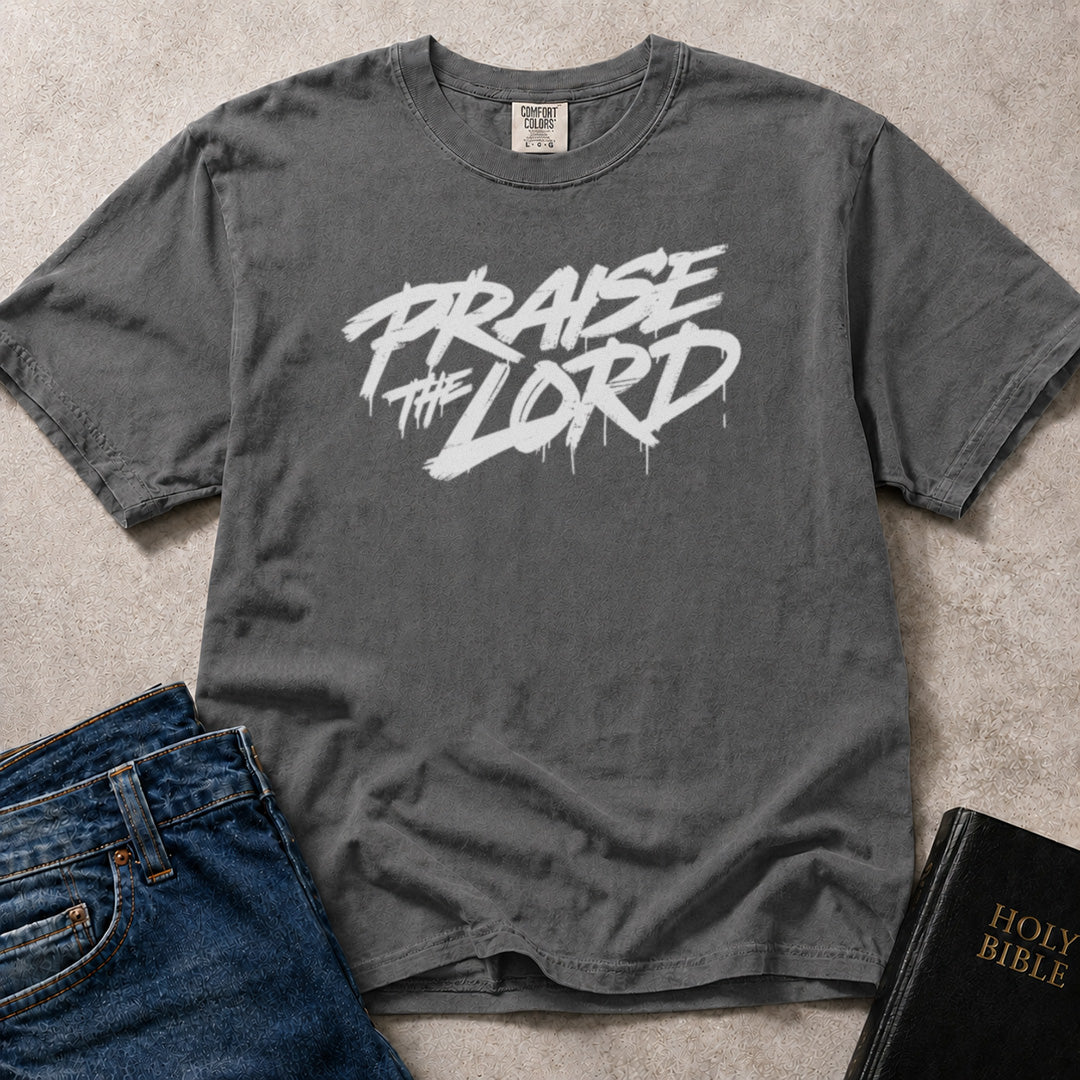 Praise the Lord religious streetwear graphic on faded black (Pepper) Comfort Colors 1717® tee.