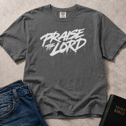 Praise the Lord religious streetwear graphic on faded black (Pepper) Comfort Colors 1717® tee.