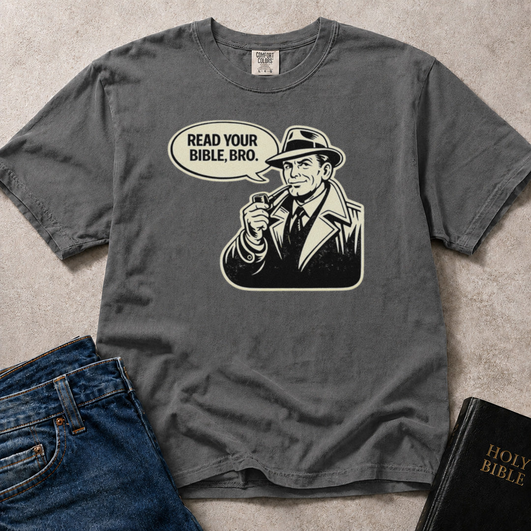 Comfort Colors 1717 pepper Christian  t-shirt with a retro graphic of a man in a suit and hat and text 'Read your Bible, bro.' 