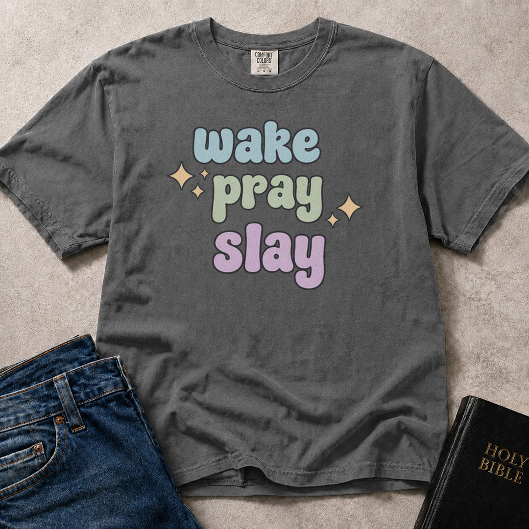 Charcoal Gray (Pepper) Comfort Colors® 1717 tshirt featuring a faith-based Wake Pray Slay lettering design with an uplifting message for women.