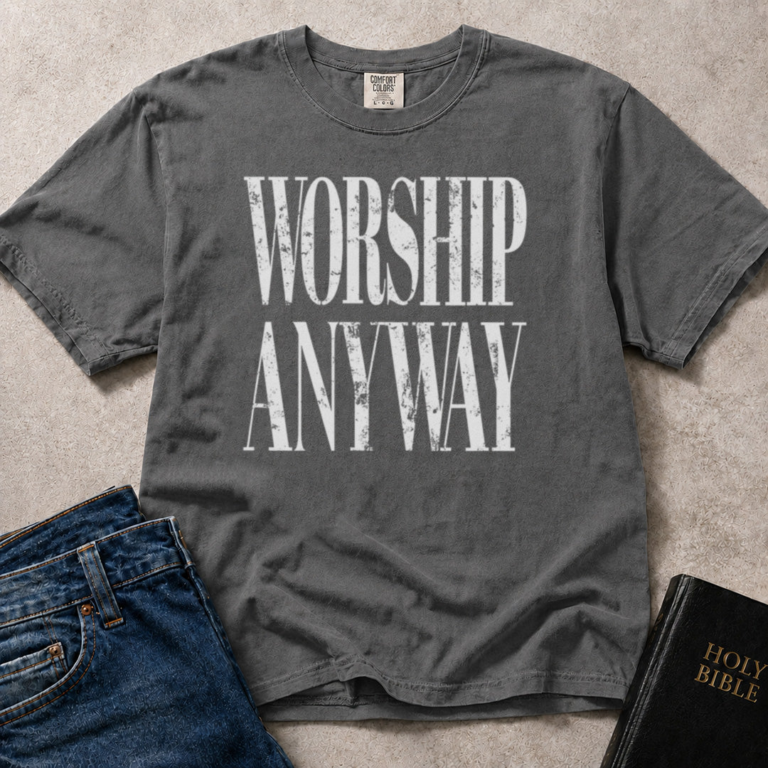 Charcoal Gray (Pepper) Comfort Colors® 1717 faith inspired tee featuring meaningful Worship Anyway text artwork.