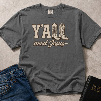 Charcoal Gray (Pepper) Comfort Colors® 1717 t-shirt with a Christian Y'all Need Jesus illustration featuring cowboy boots.