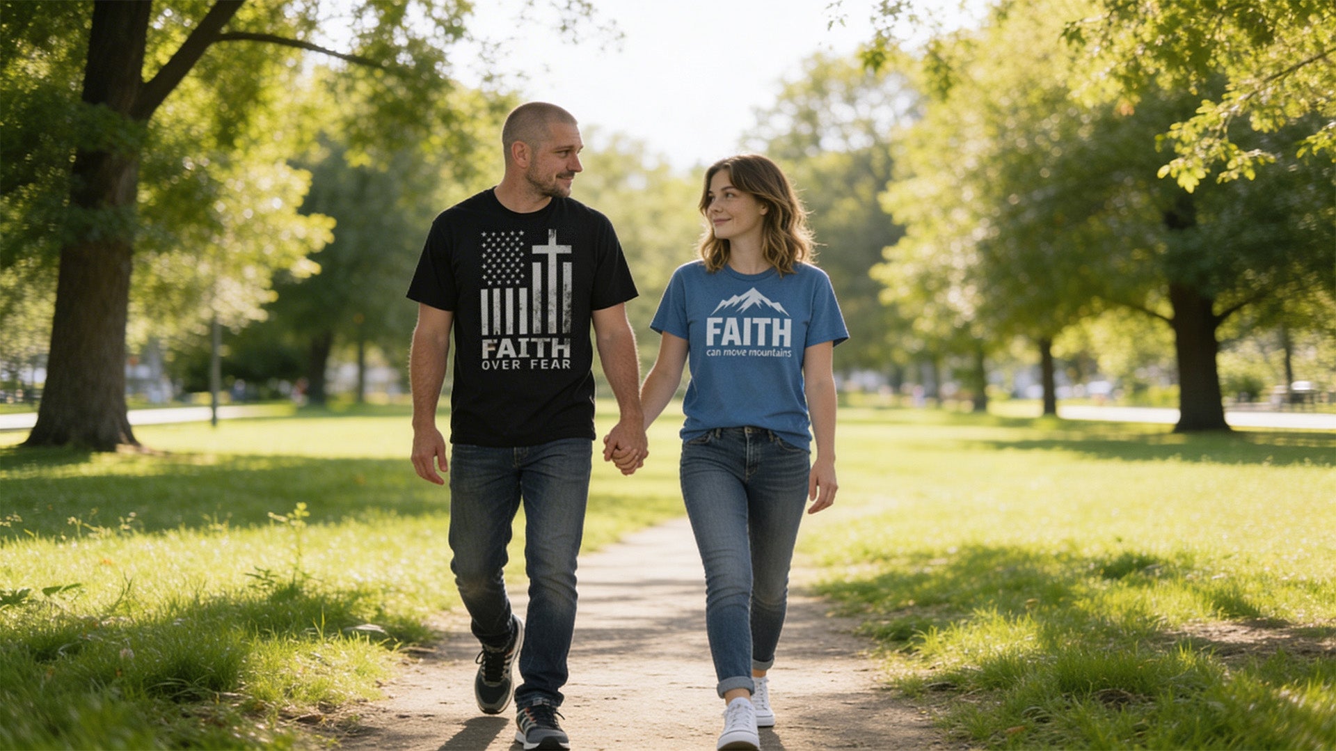 Couple walking in the park holding hands wearing faith t-shirts.