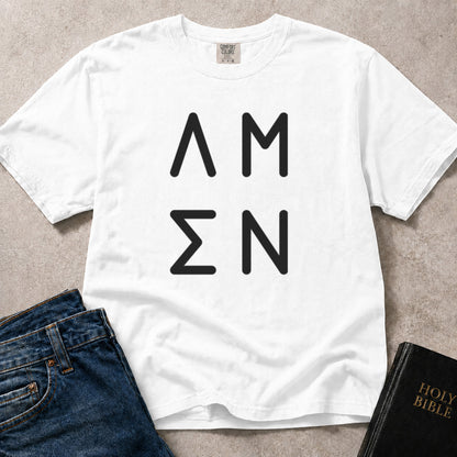 White Comfort Colors® 1717 faith inspired tee with simple Amen lettering in a minimal graphic style.