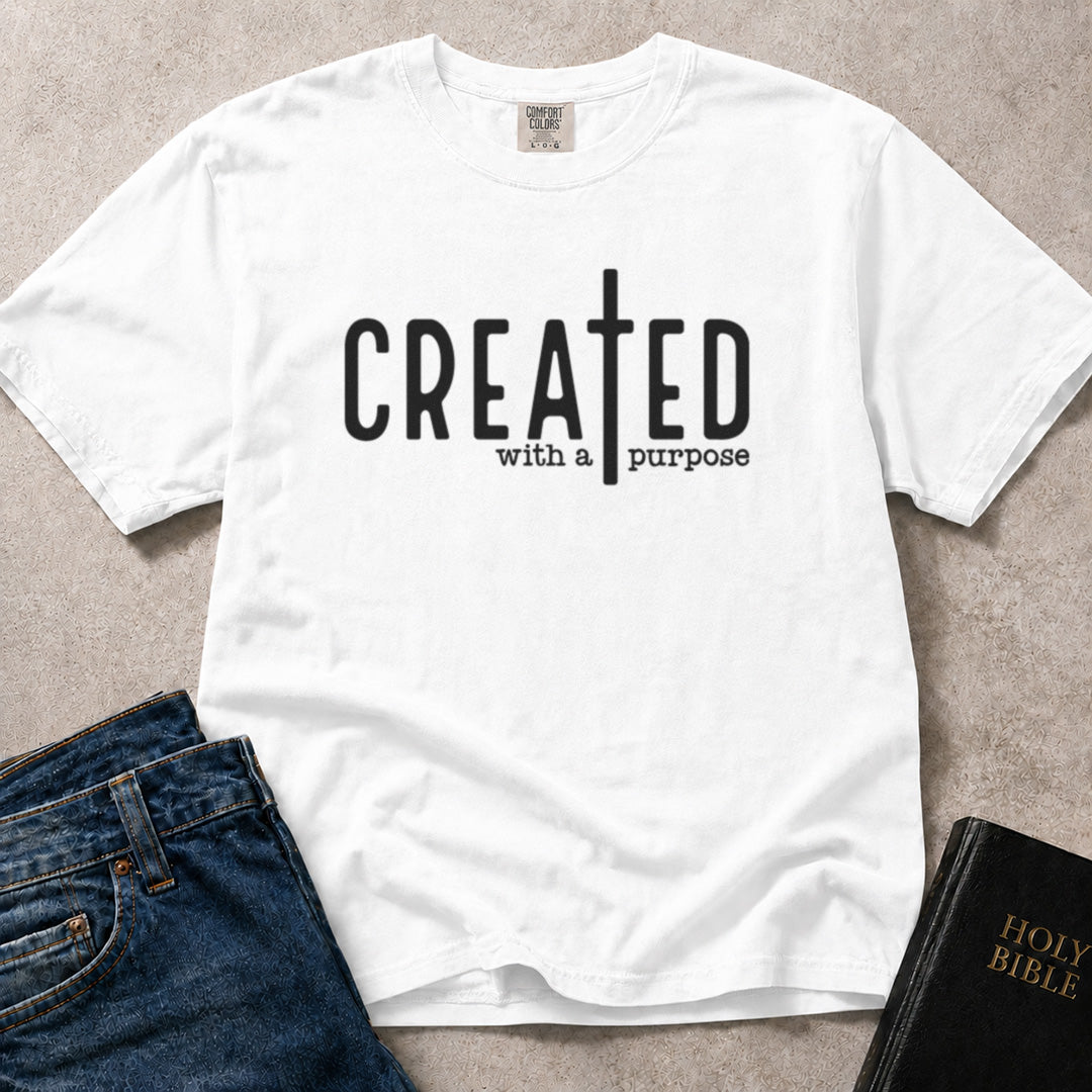 Created with a Purpose Christian statement graphic on white Comfort Colors 1717® shirt.