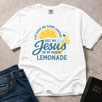 White Comfort Colors® 1717 graphic Christian tee showcasing fun artwork and an uplifting faith based saying.