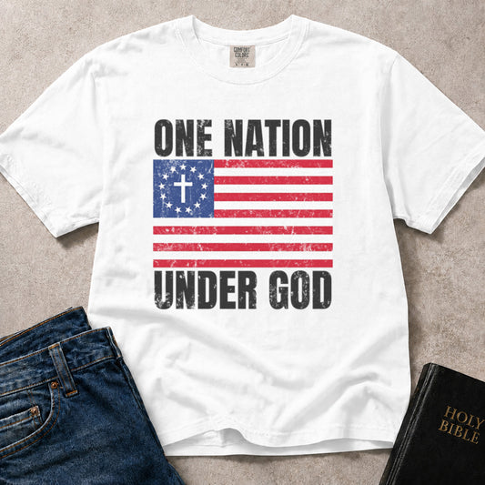 One Nation Under God Vintage American flag Christian patriotic design on white Comfort Colors 1717® shirt.