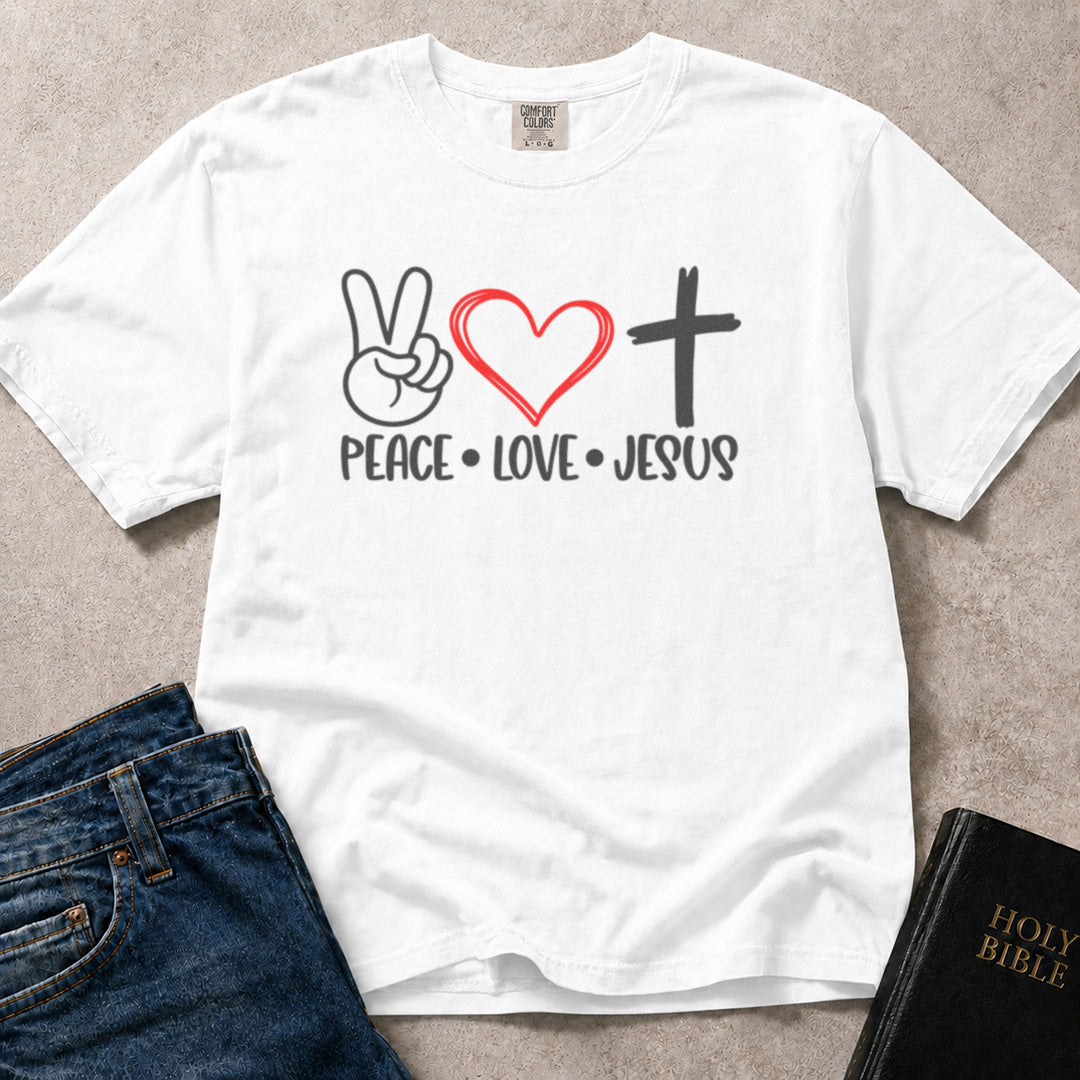 White Comfort Colors® 1717 faith based tee with simple text artwork centered on peace love and Jesus.